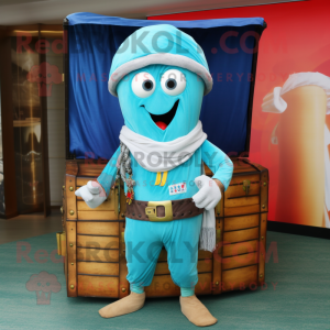 Cyan Treasure Chest mascot costume character dressed with a Chinos and Shawl pins