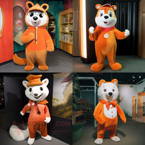 Orange Ermine mascot costume character dressed with a Corduroy Pants and Brooches