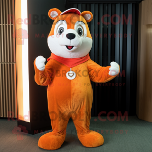 Orange Ermine mascot costume character dressed with a Corduroy Pants and Brooches