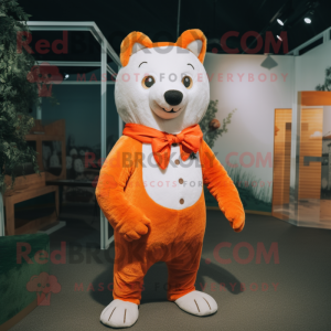 Orange Ermine mascot costume character dressed with a Corduroy Pants and Brooches