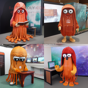 Rust Jellyfish mascot costume character dressed with a Hoodie and Reading glasses