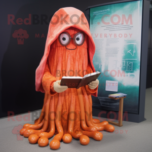 Rust Jellyfish mascot costume character dressed with a Hoodie and Reading glasses