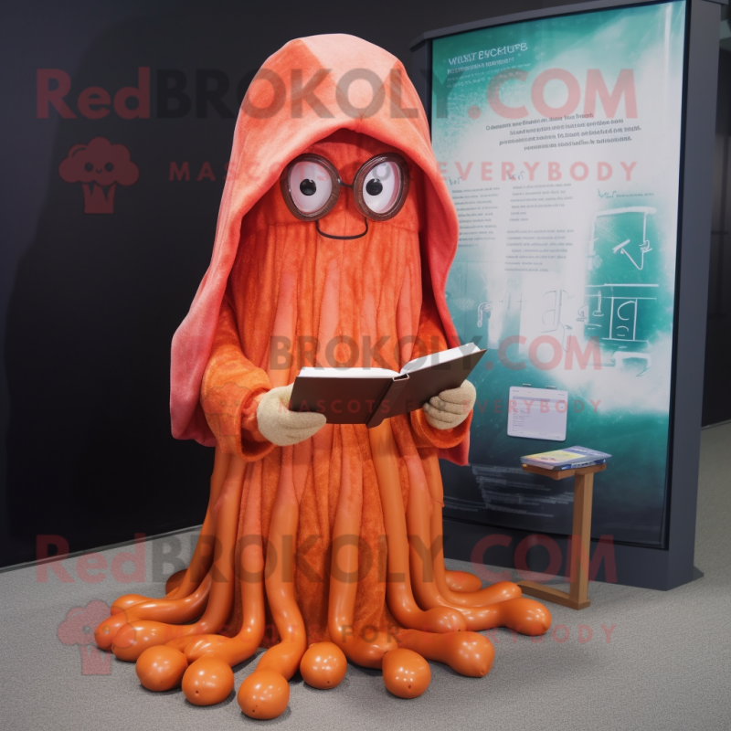 Rust Jellyfish mascot costume character dressed with a Hoodie and Reading glasses Rust Jellyfish mascot costume character dressed with a Hoodie and Reading glasses