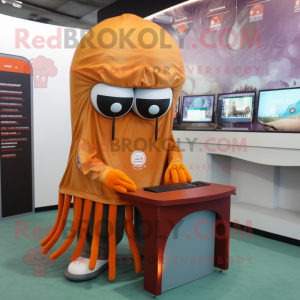 Rust Jellyfish mascot costume character dressed with a Hoodie and Reading glasses