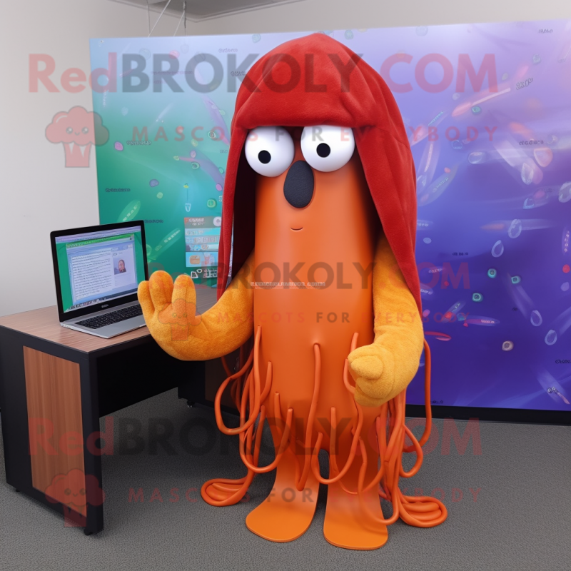 Rust Jellyfish mascot costume character dressed with a Hoodie and Reading glasses Rust Jellyfish mascot costume character dressed with a Hoodie and Reading glasses