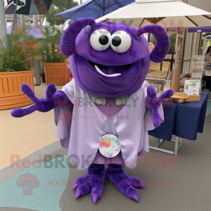 Lavender Crab Cakes mascot costume character dressed with a Cover-up and Shawl pins
