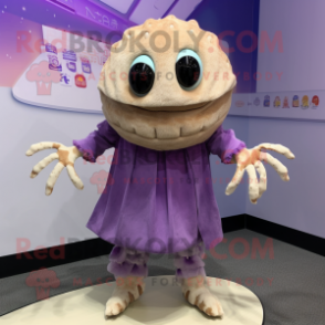 Lavender Crab Cakes mascot costume character dressed with a Cover-up and Shawl pins