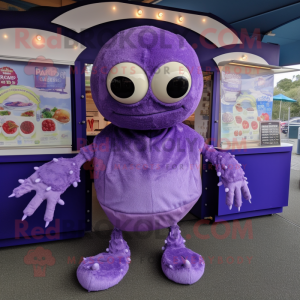 Lavender Crab Cakes mascot costume character dressed with a Cover-up and Shawl pins