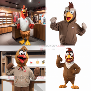 Brown Rooster mascot costume character dressed with a Sweatshirt and Ties