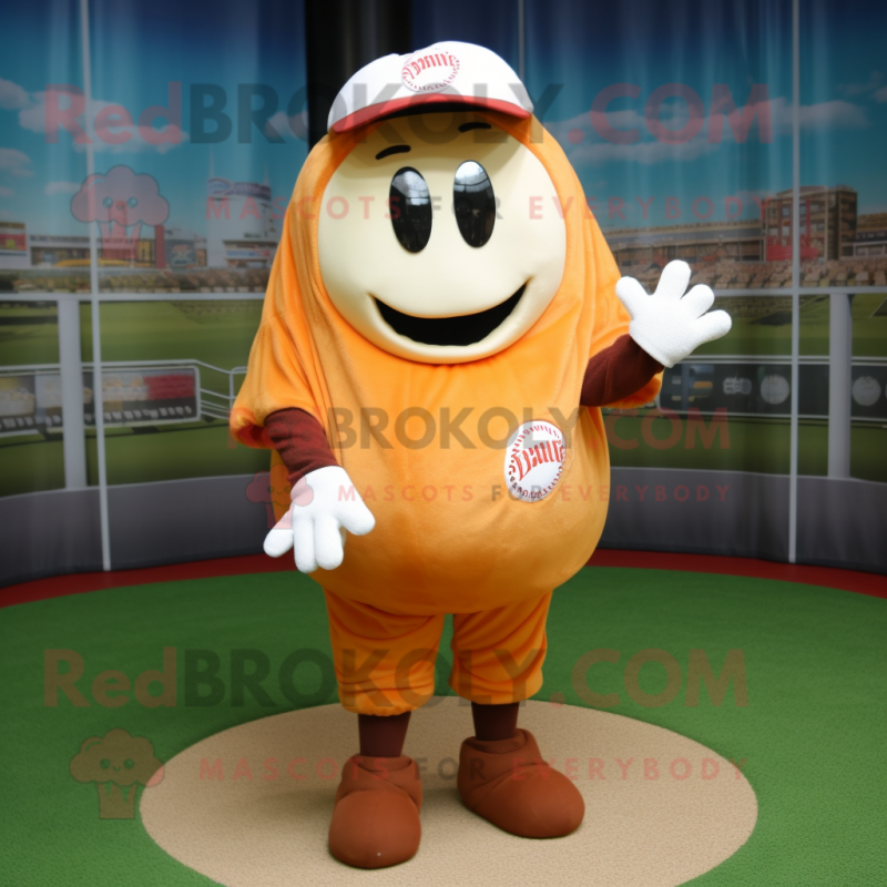 Rust Baseball Ball mascot costume character dressed with a Cover-up and Foot pads