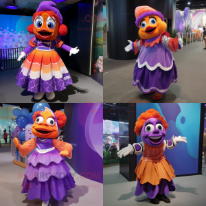 Purple Clown Fish mascot costume character dressed with a Skirt and Headbands