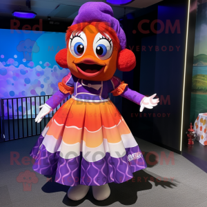 Purple Clown Fish mascot costume character dressed with a Skirt and Headbands