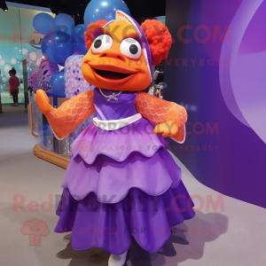 Purple Clown Fish mascot costume character dressed with a Skirt and Headbands