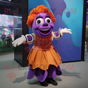 Purple Clown Fish mascot costume character dressed with a Skirt and Headbands