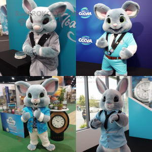 Cyan Chinchilla mascot costume character dressed with a Blazer and Bracelet watches