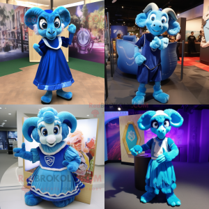 Blue Ram mascot costume character dressed with a Evening Gown and Backpacks