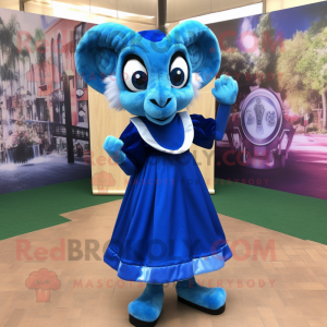 Blue Ram mascot costume character dressed with a Evening Gown and Backpacks