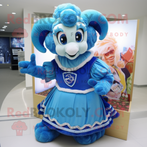 Blue Ram mascot costume character dressed with a Evening Gown and Backpacks