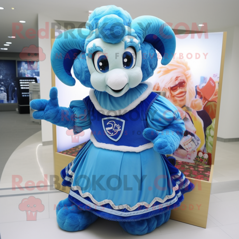 Blue Ram mascot costume character dressed with a Evening Gown and Backpacks Blue Ram mascot costume character dressed with a Evening Gown and Backpacks