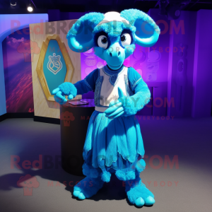 Blue Ram mascot costume character dressed with a Evening Gown and Backpacks