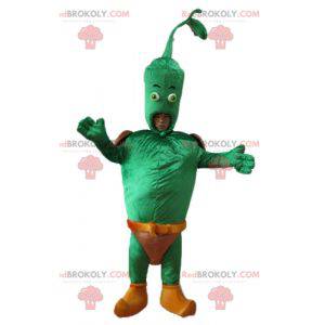 Reusachtige groene groentemascotte met een bruine slip -