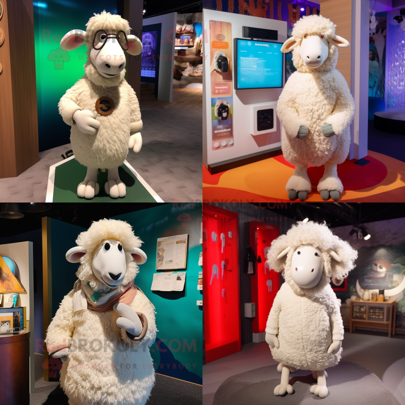 White Merino Sheep mascot costume character dressed with a Cardigan and Hairpins