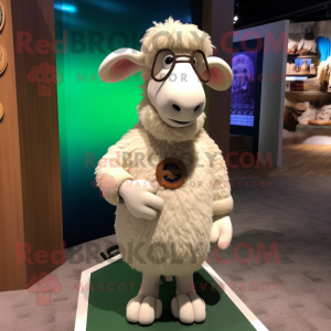 White Merino Sheep mascot costume character dressed with a Cardigan and Hairpins