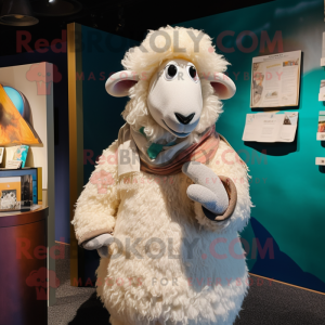 White Merino Sheep mascot costume character dressed with a Cardigan and Hairpins