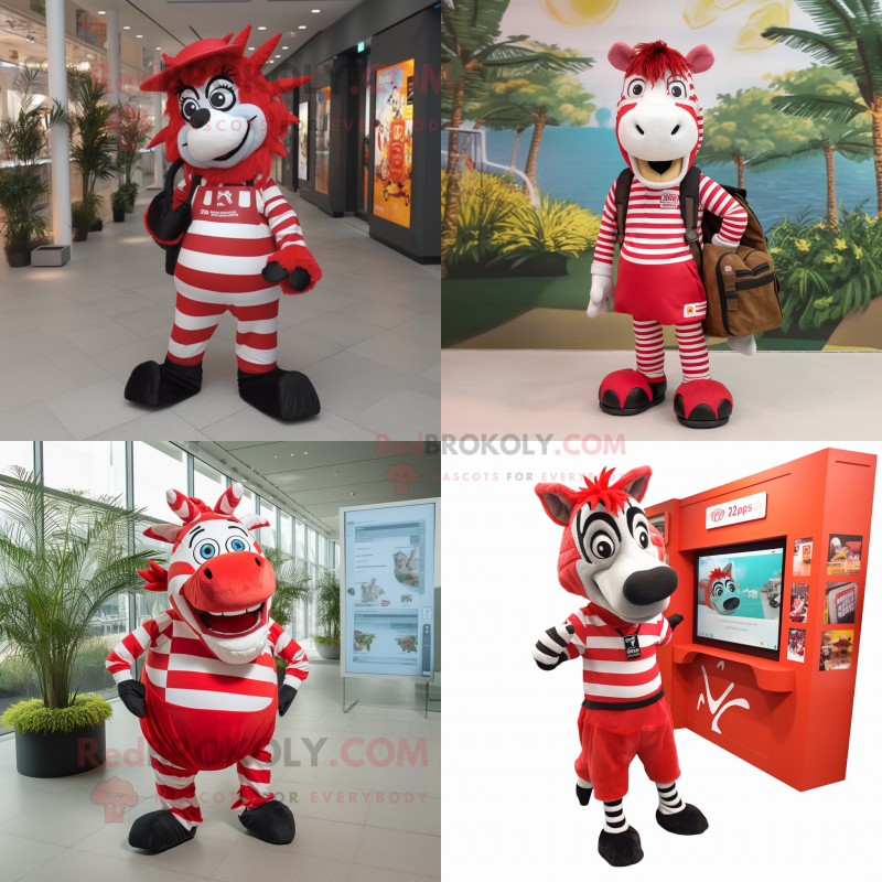 Red Zebra mascot costume character dressed with a Culottes and Backpacks Red Zebra mascot costume character dressed with a Culottes and Backpacks
