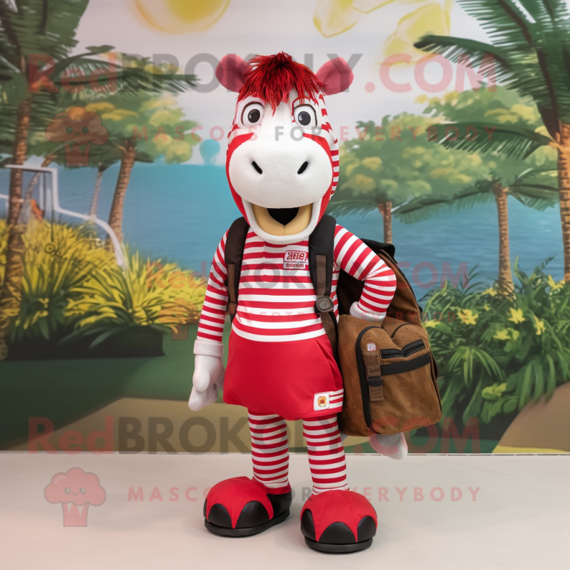 Red Zebra mascot costume character dressed with a Culottes and Backpacks