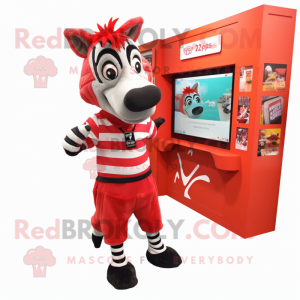 Red Zebra mascot costume character dressed with a Culottes and Backpacks