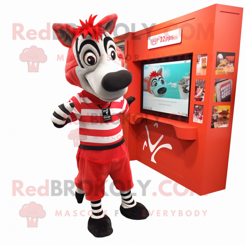 Red Zebra mascot costume character dressed with a Culottes and Backpacks Red Zebra mascot costume character dressed with a Culottes and Backpacks