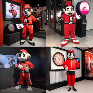 Red Mime mascot costume character dressed with a Bomber Jacket and Digital watches