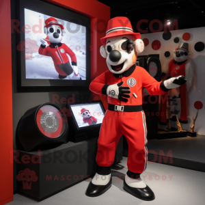 Red Mime mascot costume character dressed with a Bomber Jacket and Digital watches