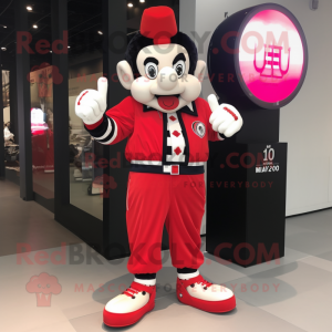 Red Mime mascot costume character dressed with a Bomber Jacket and Digital watches