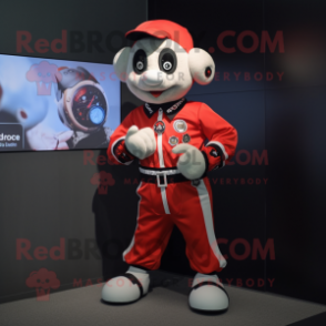 Red Mime mascot costume character dressed with a Bomber Jacket and Digital watches