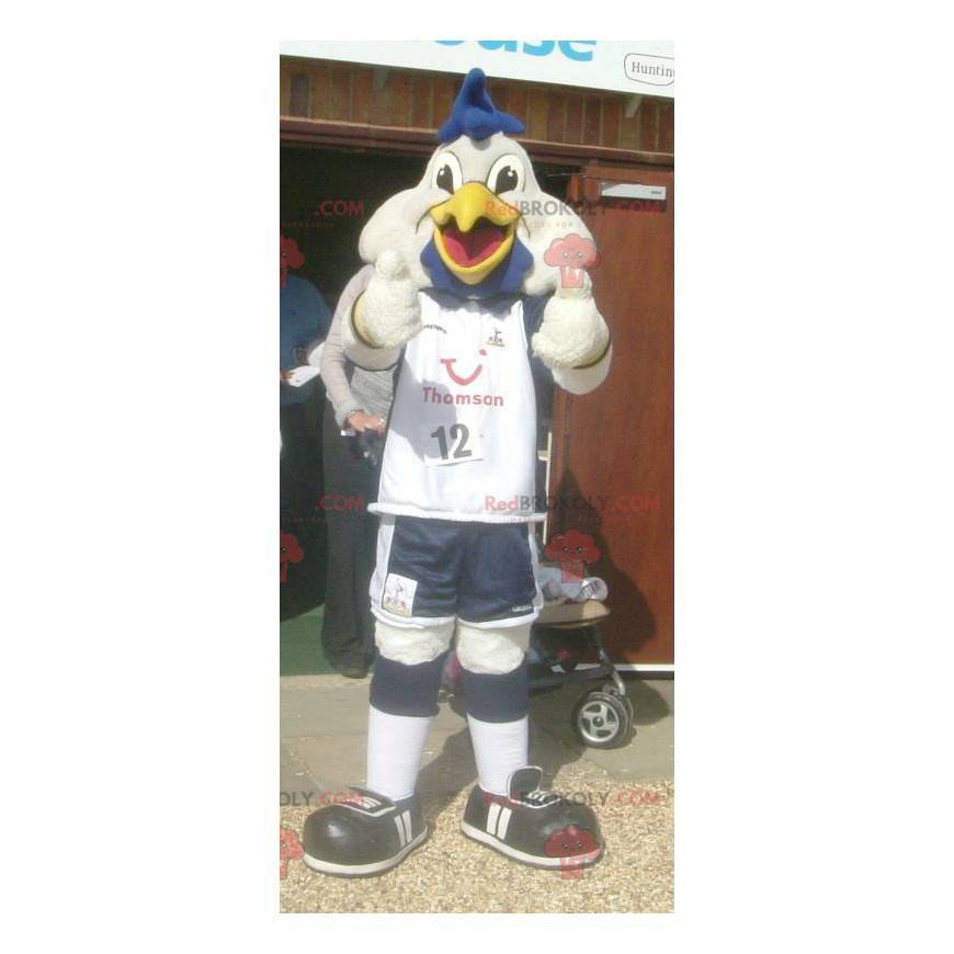 Mascote pássaro pato branco em roupas esportivas -