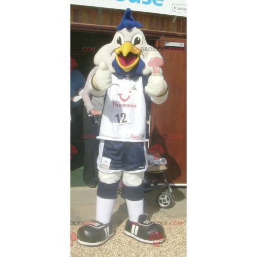 Mascote pássaro pato branco em roupas esportivas -