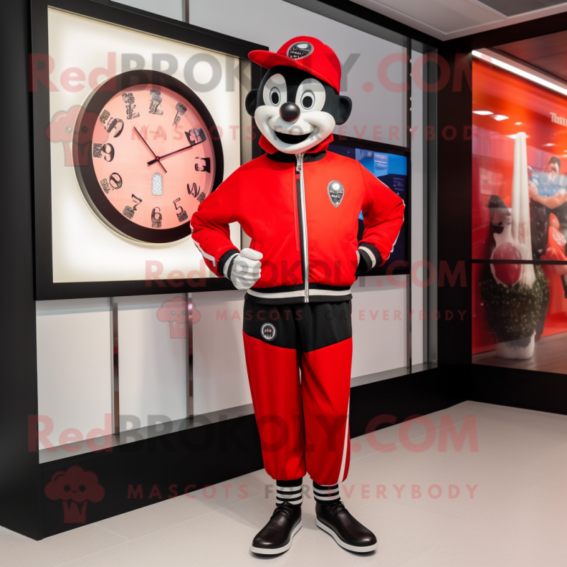 Red Mime mascot costume character dressed with a Bomber Jacket and Digital watches