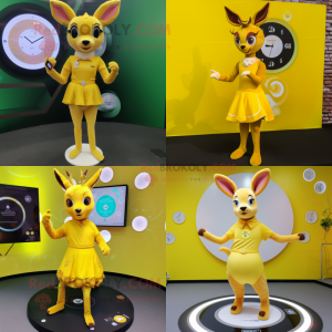 Yellow Roe Deer mascot costume character dressed with a Circle Skirt and Smartwatches