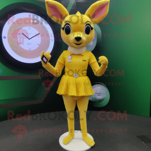 Yellow Roe Deer mascot costume character dressed with a Circle Skirt and Smartwatches
