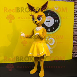 Yellow Roe Deer mascot costume character dressed with a Circle Skirt and Smartwatches