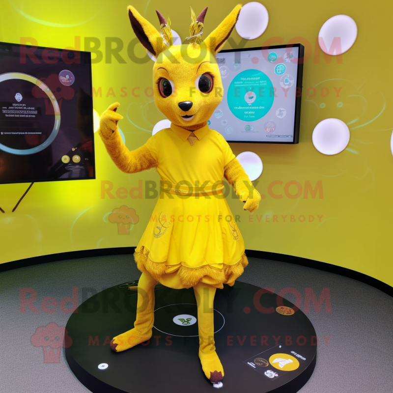 Yellow Roe Deer mascot costume character dressed with a Circle Skirt and Smartwatches