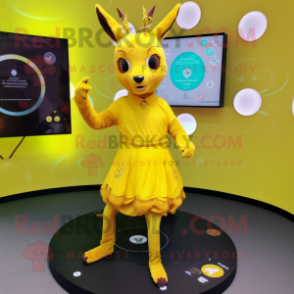 Yellow Roe Deer mascot costume character dressed with a Circle Skirt and Smartwatches