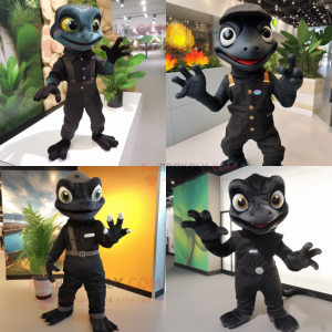 Black Geckos mascot costume character dressed with a Overalls and Gloves