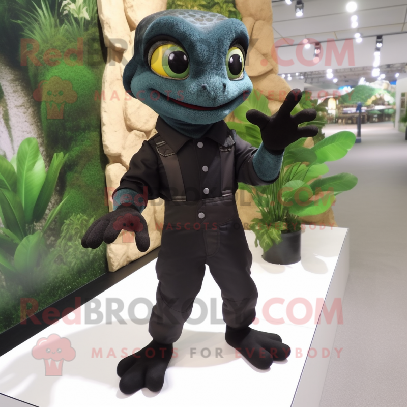 Black Geckos mascot costume character dressed with a Overalls and Gloves