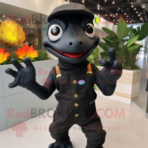 Black Geckos mascot costume character dressed with a Overalls and Gloves