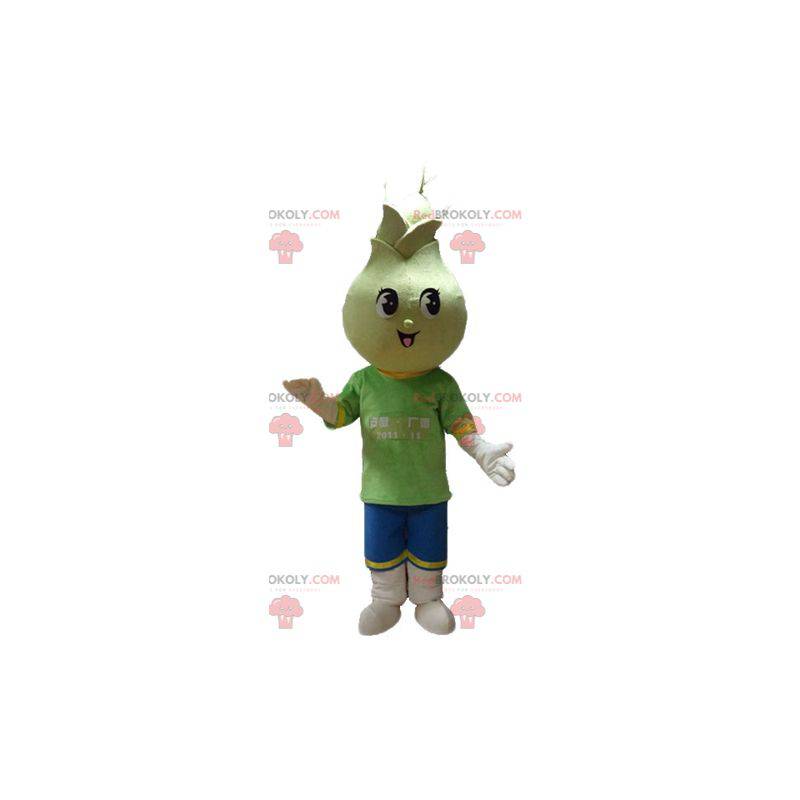 Mascote gigante e sorridente da flor amarela - Redbrokoly.com
