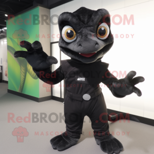 Black Geckos mascot costume character dressed with a Overalls and Gloves