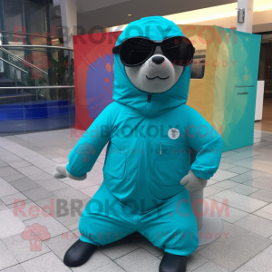 Turquoise Stellar'S Sea Cow mascot costume character dressed with a Windbreaker and Sunglasses